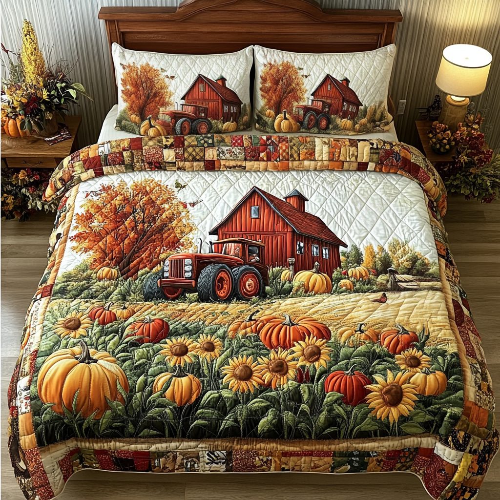 Tractor Field quilted 3-piece bedding set on a made bed with two matching pillow shams
