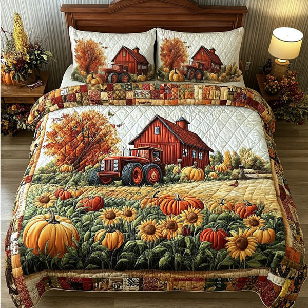 Tractor Field quilted 3-piece bedding set on a made bed with two matching pillow shams
