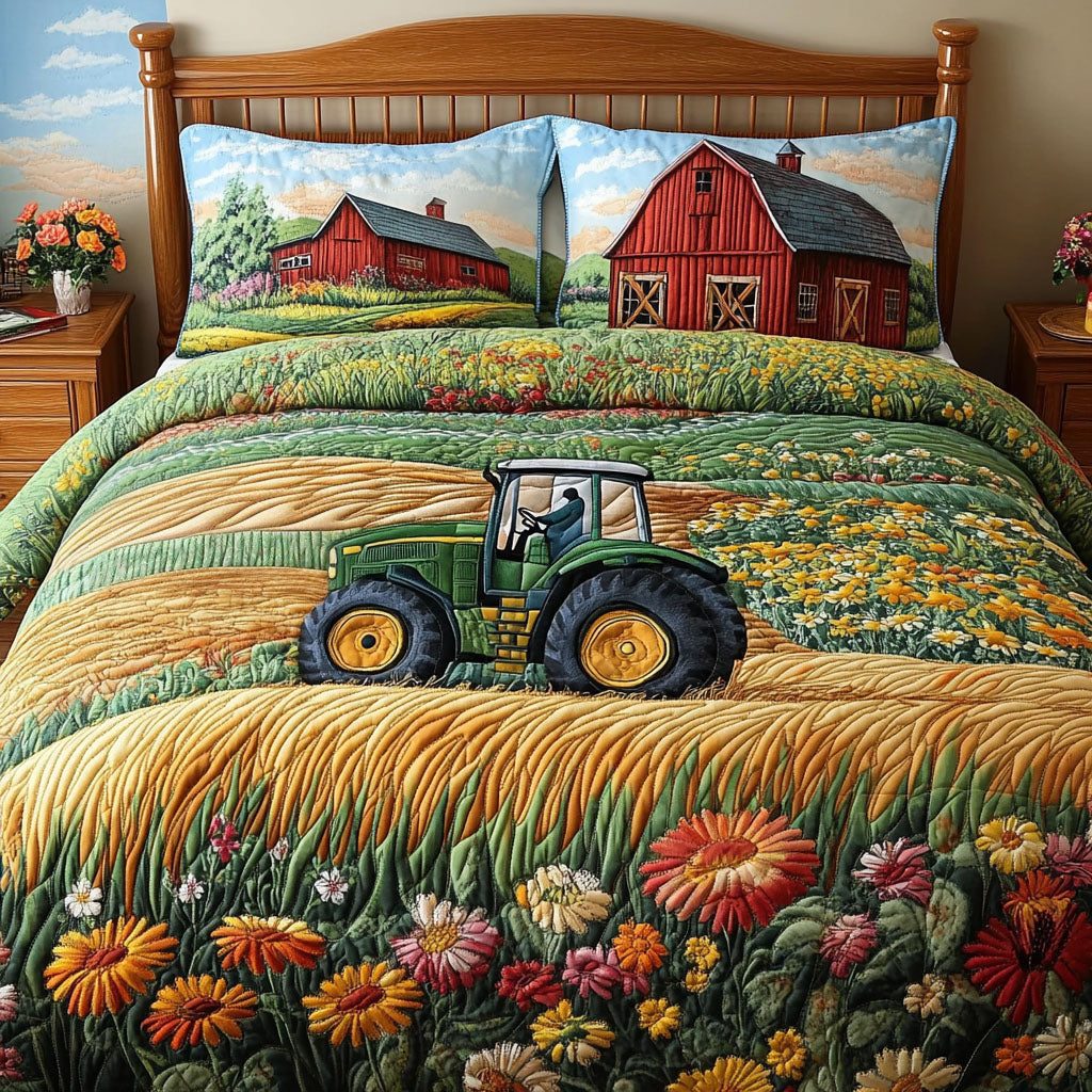 Tractor Fields quilted 3-piece bedding set on a made bed with two matching pillow shams