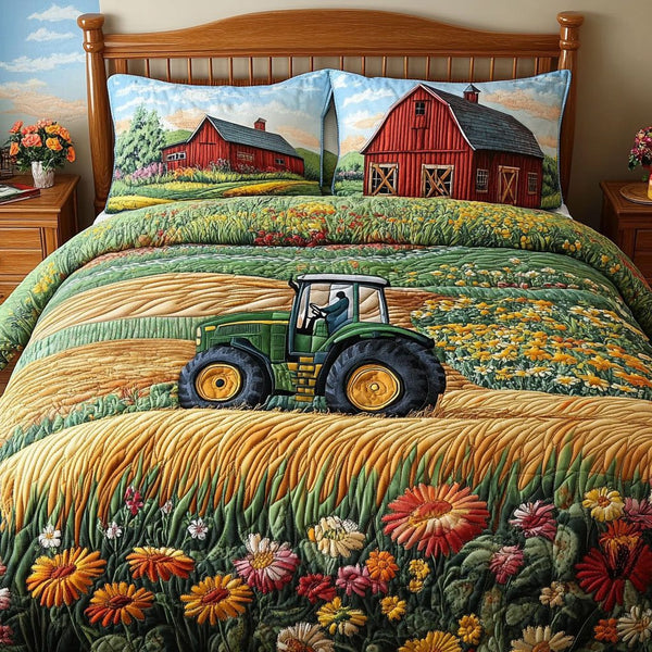 Tractor Fields quilted 3-piece bedding set on a made bed with two matching pillow shams