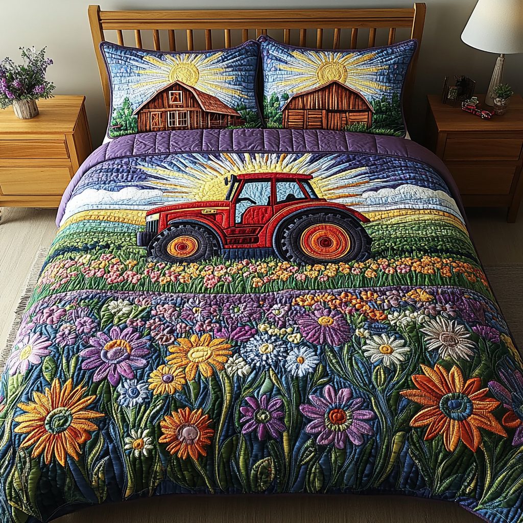 Tractor Glory quilted 3-piece bedding set on a made bed with two matching pillow shams