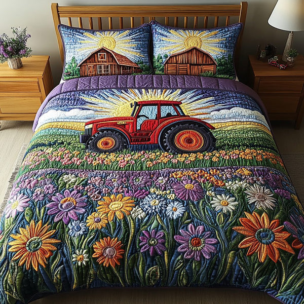 Tractor Glory quilted 3-piece bedding set on a made bed with two matching pillow shams