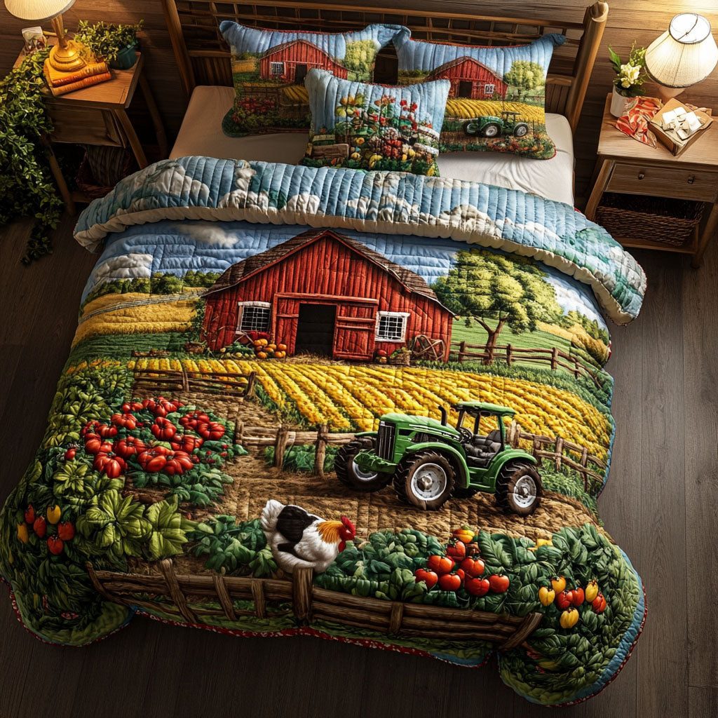 Tractor in Field quilted 3-piece bedding set on a made bed with two matching pillow shams
