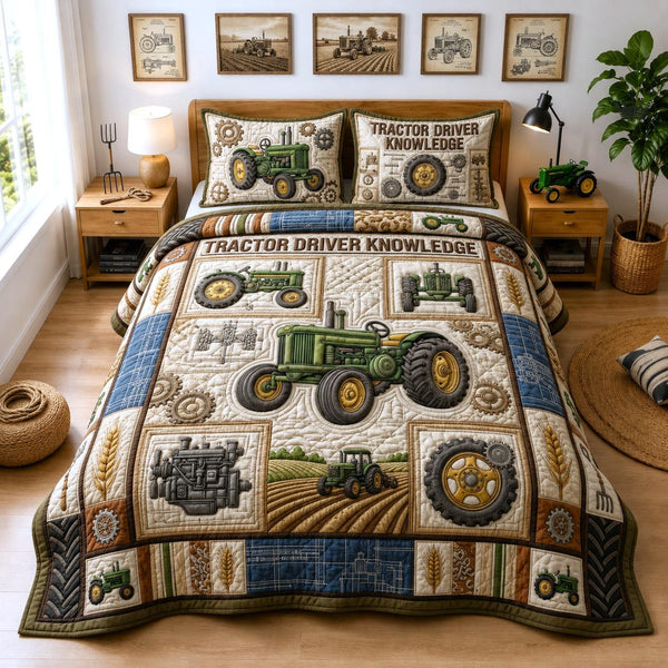 Tractor Legacy quilted 3-piece bedding set on a made bed with two matching pillow shams
