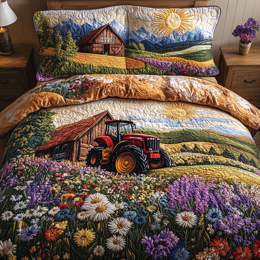 Tractor Pride quilted 3-piece bedding set on a made bed with two matching pillow shams