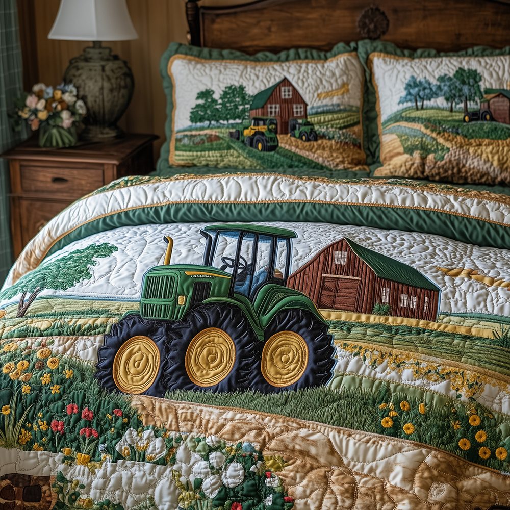 Tractor quilted 3-piece bedding set on a made bed with two matching pillow shams