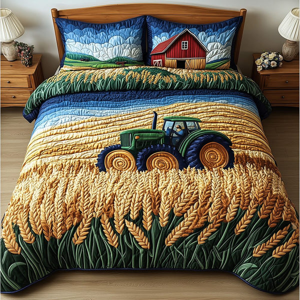 Tractor quilted 3-piece bedding set on a made bed with two matching pillow shams