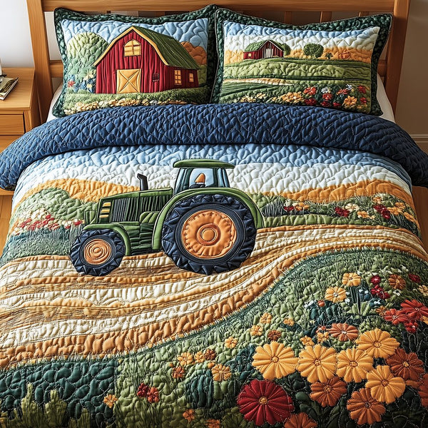 Tractor quilted 3-piece bedding set on a made bed with two matching pillow shams