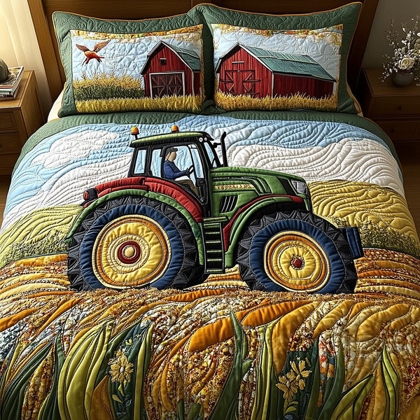 Tractor quilted 3-piece bedding set on a made bed with two matching pillow shams