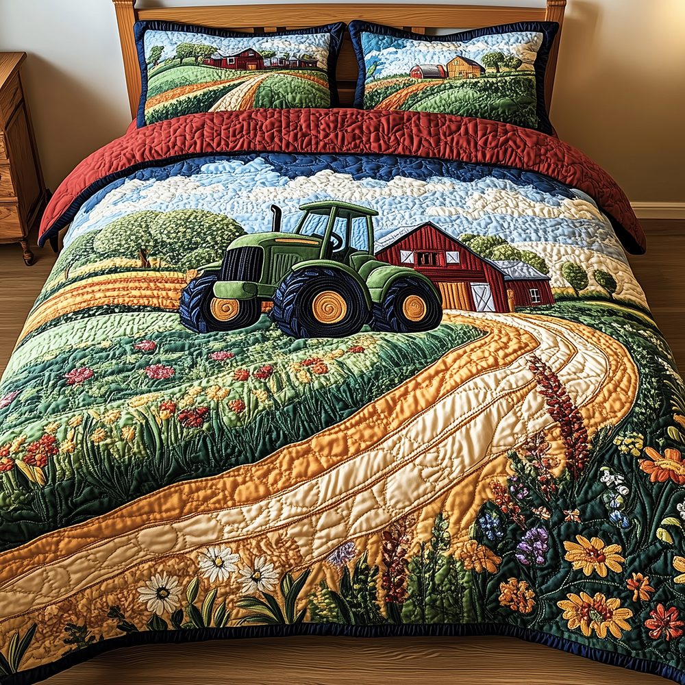 Tractor quilted 3-piece bedding set on a made bed with two matching pillow shams