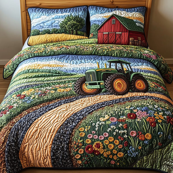 Tractor quilted 3-piece bedding set on a made bed with two matching pillow shams