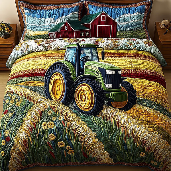 Tractor quilted 3-piece bedding set on a made bed with two matching pillow shams