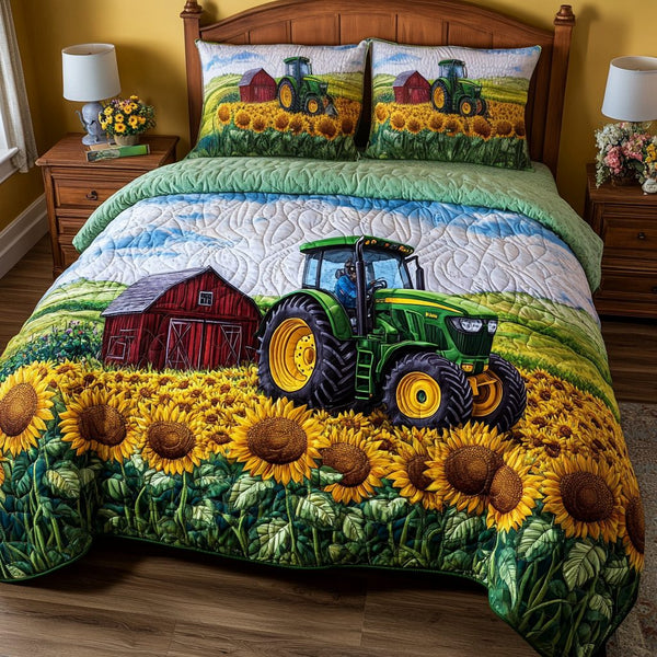 Tractor Ride quilted 3-piece bedding set on a made bed with two matching pillow shams