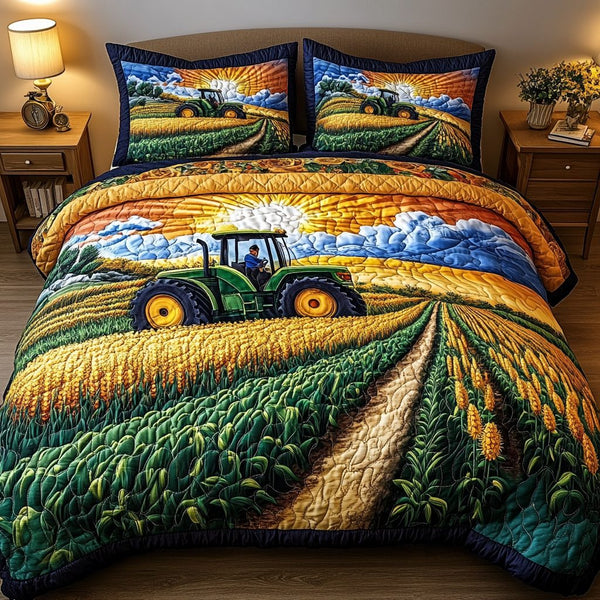 Tractor Sunrise quilted 3-piece bedding set on a made bed with two matching pillow shams