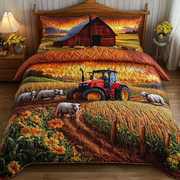 Tractor Tracks quilted 3-piece bedding set on a made bed with two matching pillow shams
