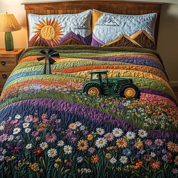 Tractor Windmill quilted 3-piece bedding set on a made bed with two matching pillow shams