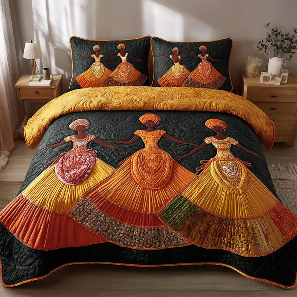 Traditional Dancing quilted 3-piece bedding set on a made bed in a farmhouse bedroom