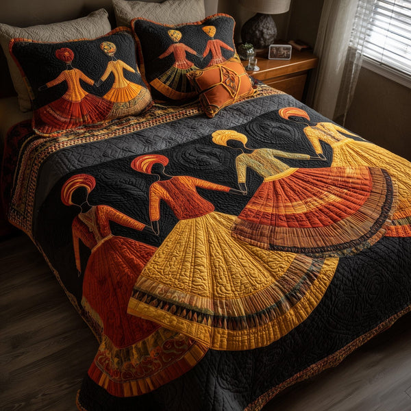 Traditional Dancing quilted 3-piece bedding set on a made bed in a farmhouse bedroom