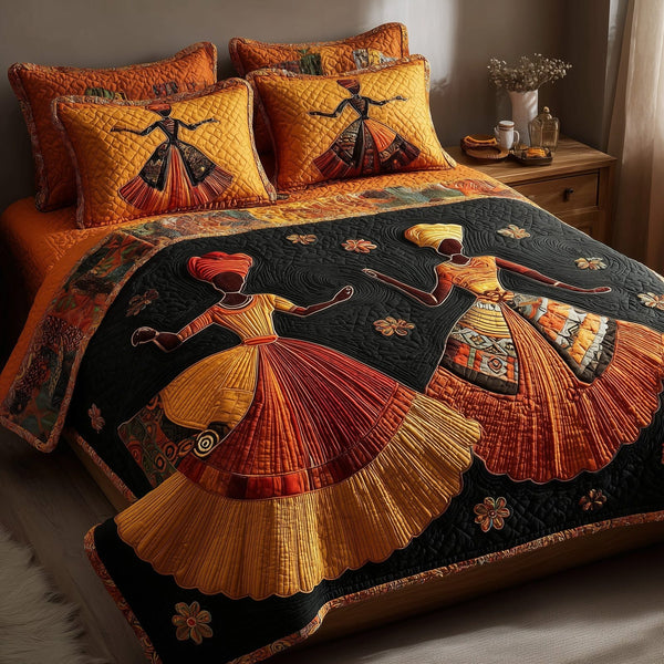 Traditional Dancing quilted 3-piece bedding set on a made bed in a farmhouse bedroom