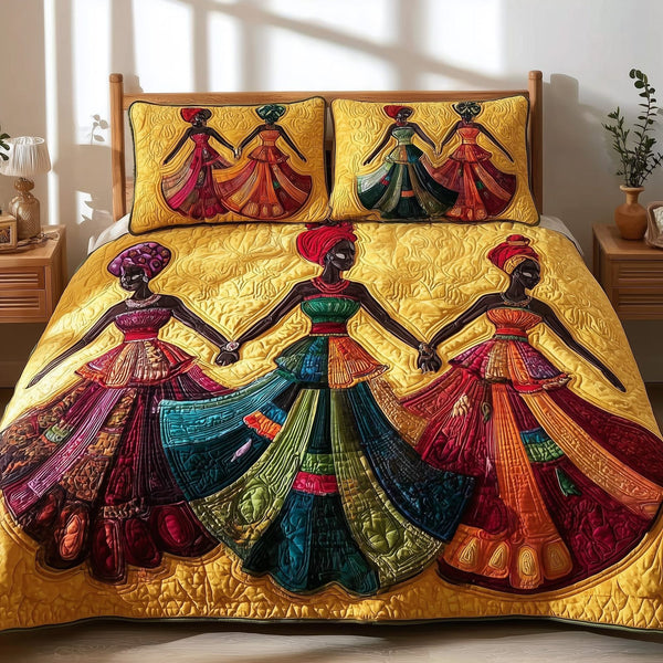 Traditional Dancing quilted 3-piece bedding set on a made bed in a farmhouse bedroom