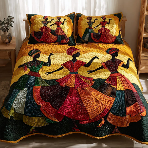 Traditional Dancing quilted 3-piece bedding set on a made bed in a farmhouse bedroom