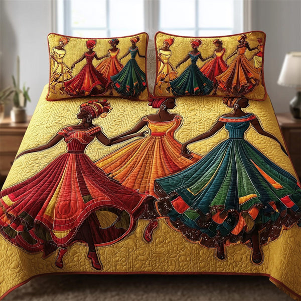 Traditional Dancing quilted 3-piece bedding set on a made bed in a farmhouse bedroom