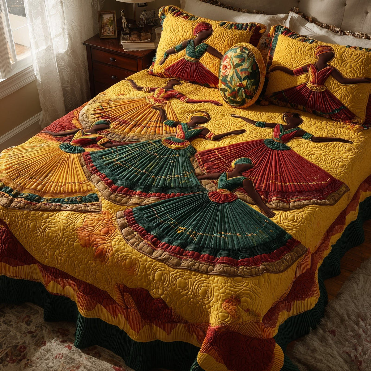 Traditional Dancing quilted 3-piece bedding set on a made bed in a farmhouse bedroom