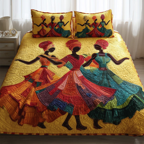 Traditional Dancing quilted 3-piece bedding set on a made bed in a farmhouse bedroom