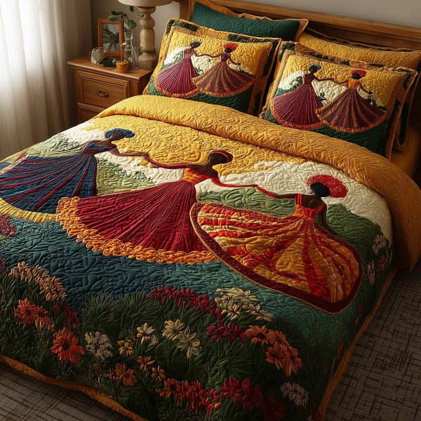 Traditional Dancing quilted 3-piece bedding set on a made bed in a farmhouse bedroom