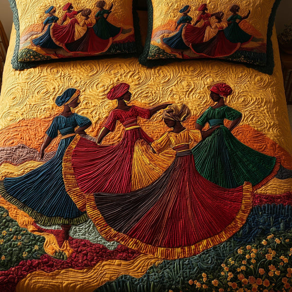 Traditional Dancing quilted 3-piece bedding set on a made bed in a farmhouse bedroom