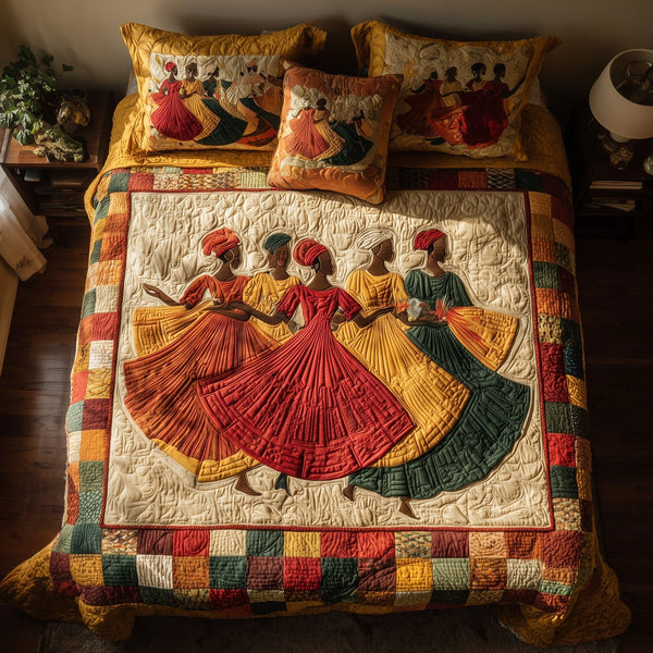 Traditional Dancing quilted 3-piece bedding set on a made bed in a farmhouse bedroom