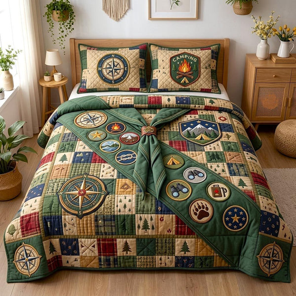 Trail Adventure quilted 3-piece bedding set on a made bed in a winter-styled bedroom