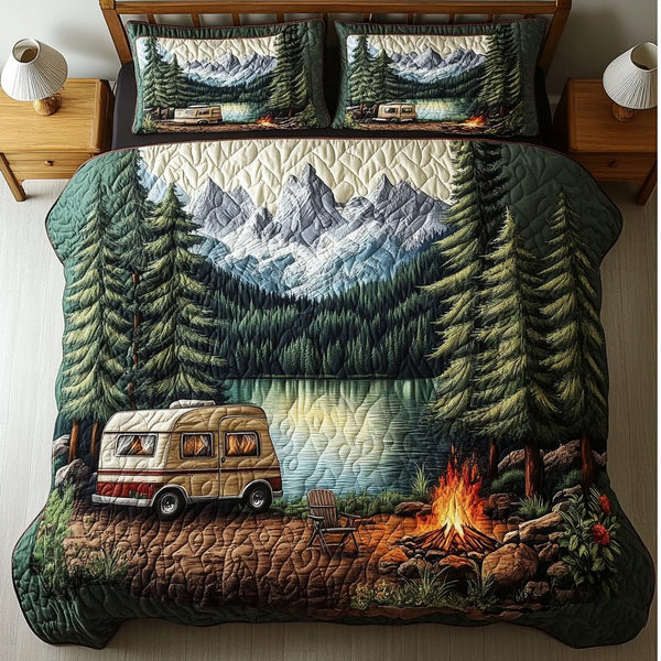 Trail Adventure quilted 3-piece bedding set on a made bed in a winter-styled bedroom