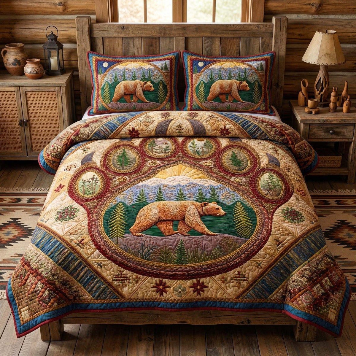 Trail Bear quilted 3-piece bedding set on a made bed with two matching pillow shams