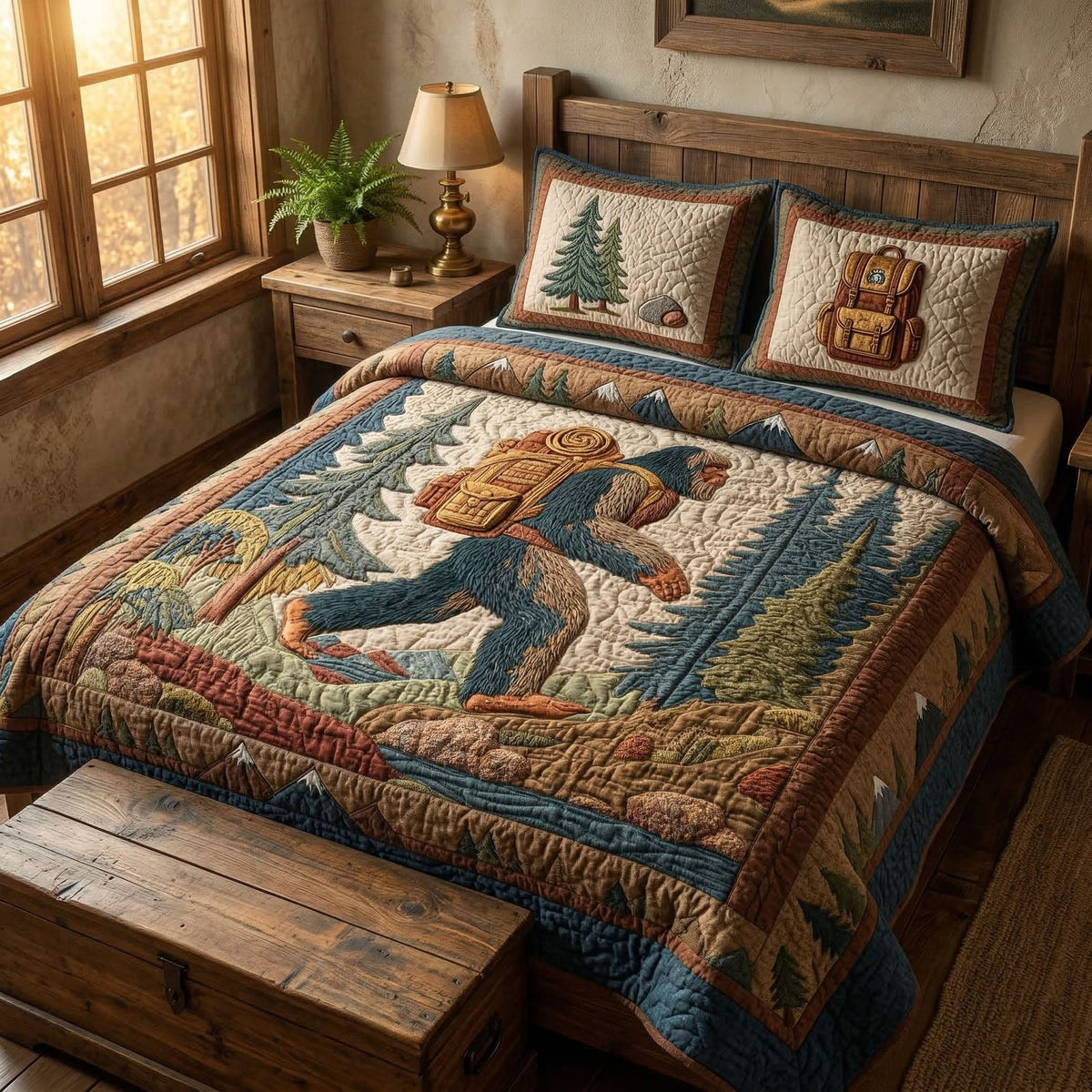 Trail Explorer quilted 3-piece bedding set on a made bed with two matching pillow shams