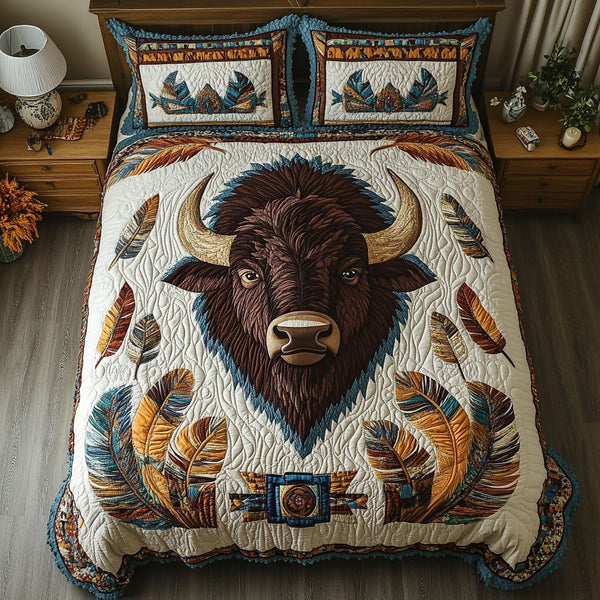 Trail of Legends quilted 3-piece bedding set on a made bed with two matching pillow shams