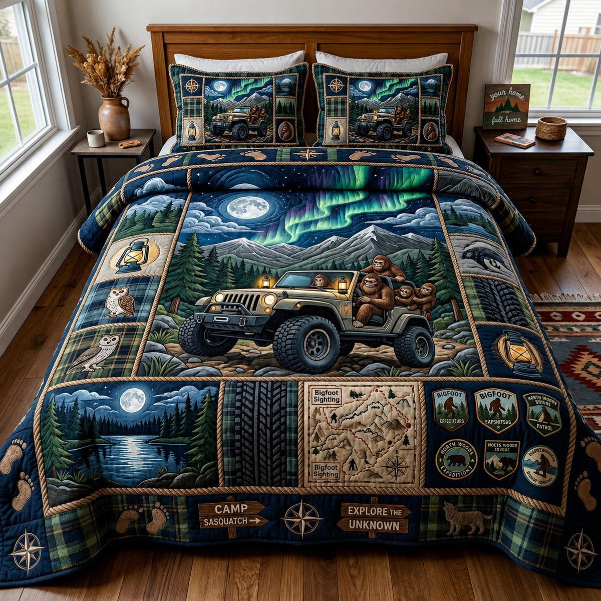 Trail Squatch quilted 3-piece bedding set on a made bed with two matching pillow shams