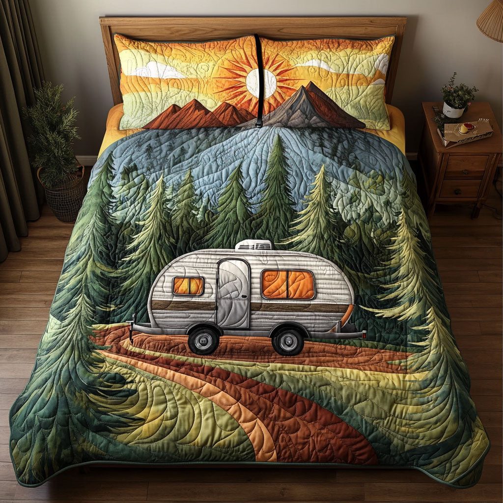 Trailblazer Adventure quilted 3-piece bedding set on a made bed in a winter-styled bedroom