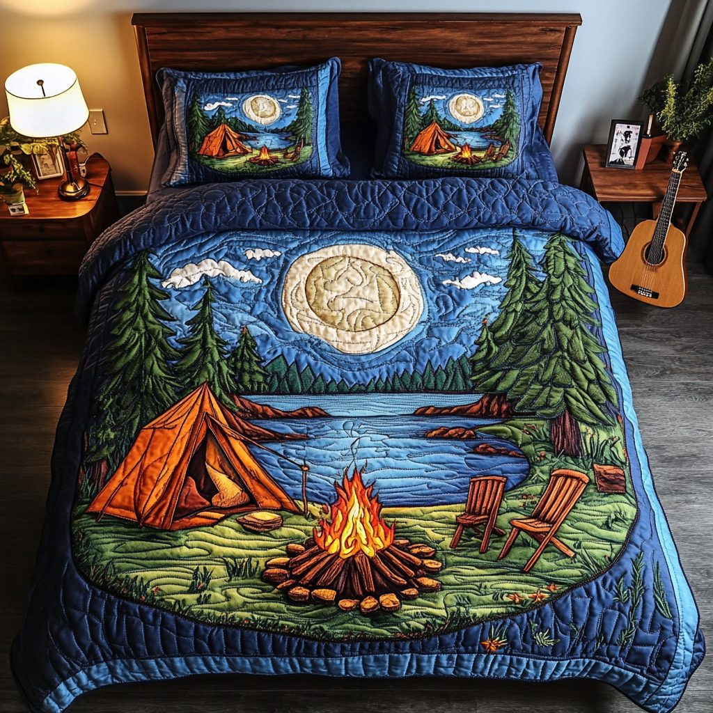 Trailblazer Journey quilted 3-piece bedding set on a made bed with two matching pillow shams
