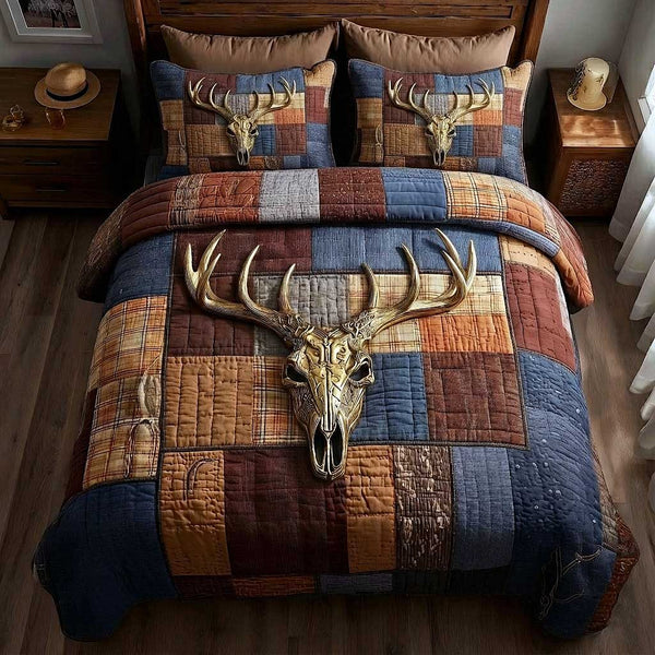 Trailblazer Spirit quilted 3-piece bedding set on a made bed with two matching pillow shams