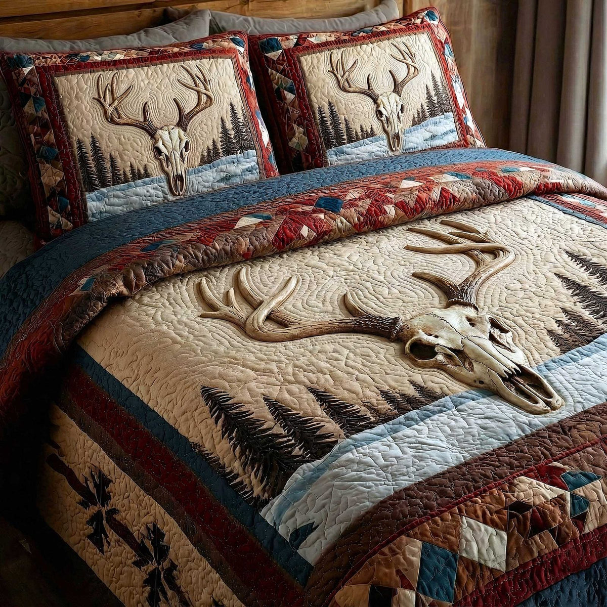 Trailblazer Spirit quilted 3-piece bedding set on a made bed with two matching pillow shams
