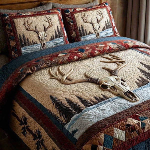 Trailblazer Spirit quilted 3-piece bedding set on a made bed with two matching pillow shams