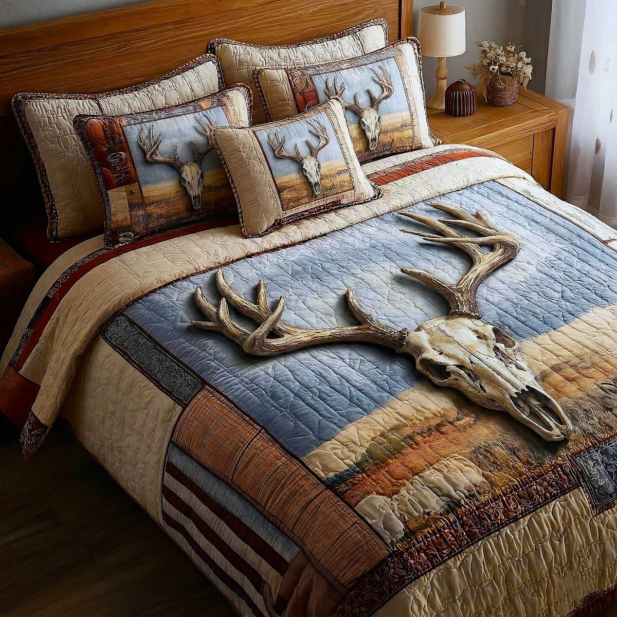 Trailblazer Spirit quilted 3-piece bedding set on a made bed with two matching pillow shams