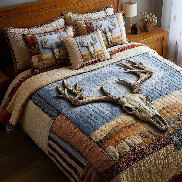 Trailblazer Spirit quilted 3-piece bedding set on a made bed with two matching pillow shams