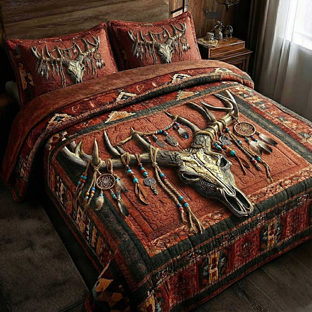 Trailblazer Spirit quilted 3-piece bedding set on a made bed with two matching pillow shams