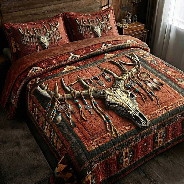 Trailblazer Spirit quilted 3-piece bedding set on a made bed with two matching pillow shams