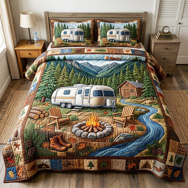 Trailer Camp quilted 3-piece bedding set on a made bed with two matching pillow shams