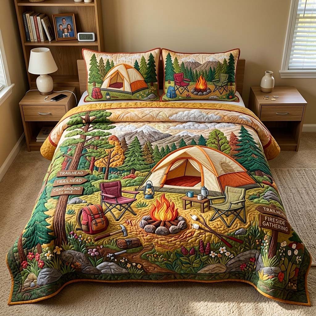 Trailhead Camp quilted 3-piece bedding set on a made bed with two matching pillow shams