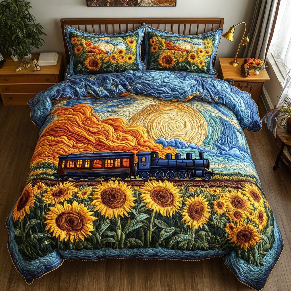 Train Adventure quilted 3-piece bedding set on a made bed in a winter-styled bedroom