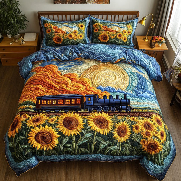 Train Adventure quilted 3-piece bedding set on a made bed in a winter-styled bedroom